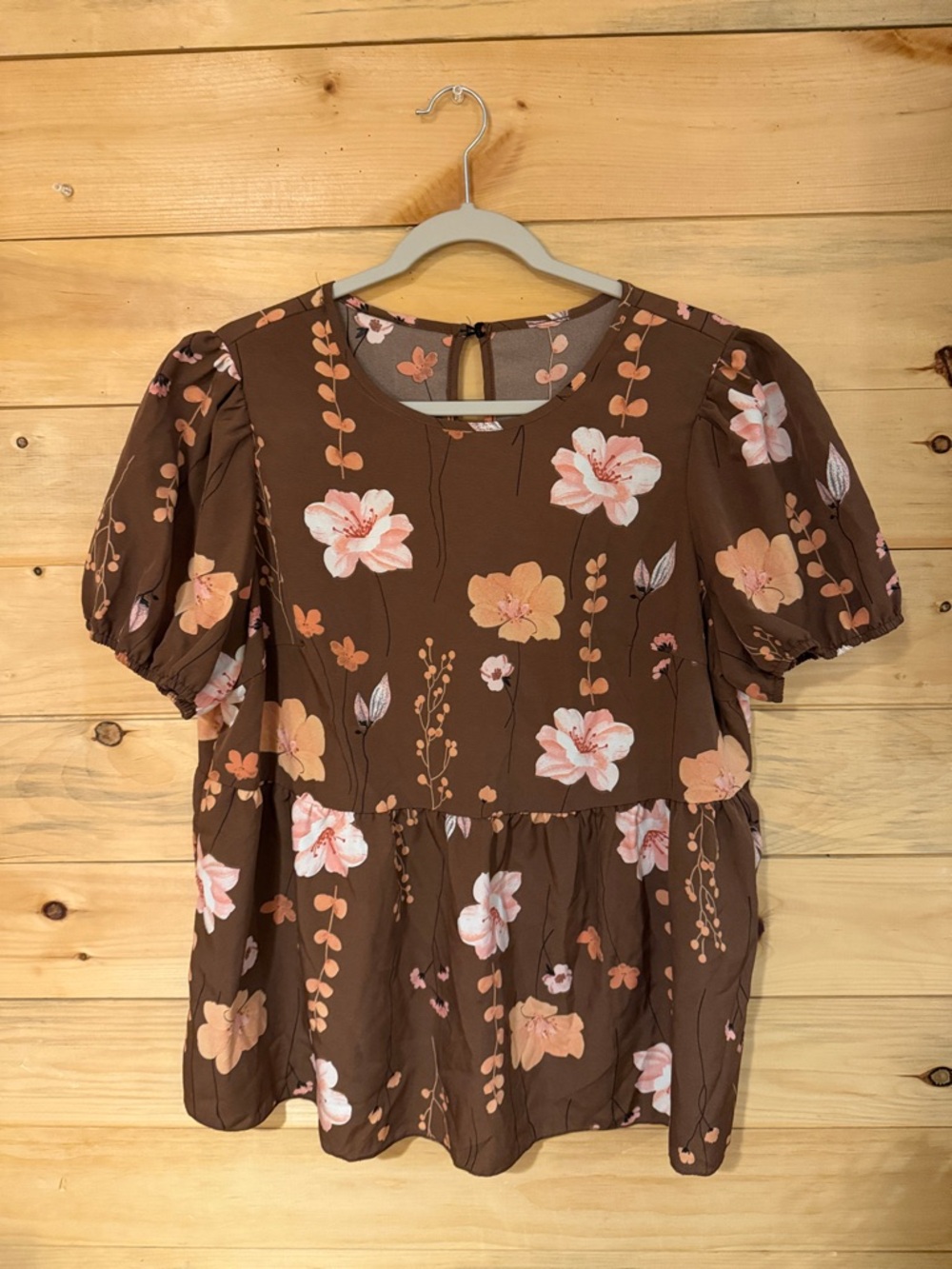 SHEIN Brown Floral Puff-Sleeve Peplum Top